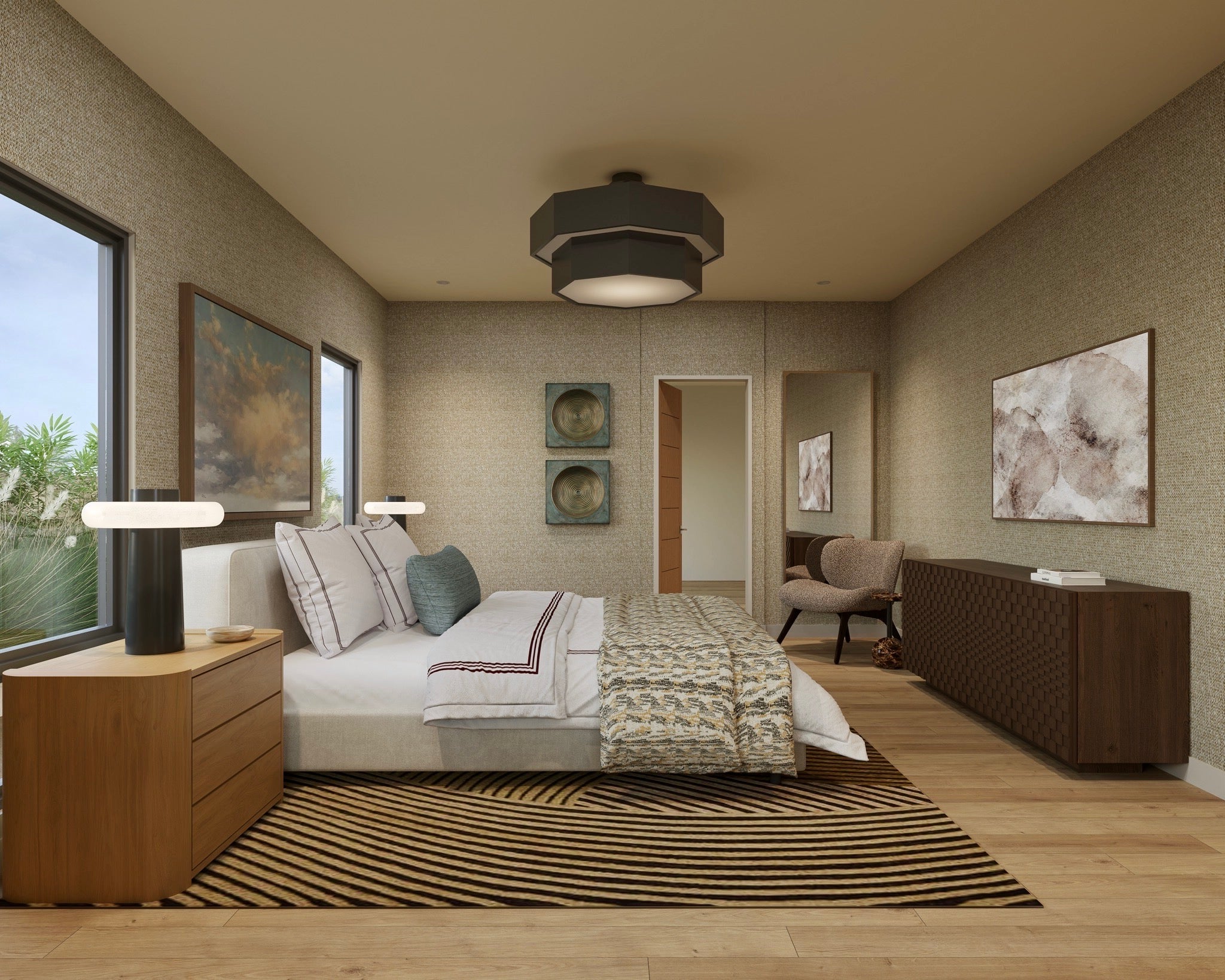 Modern sand desert bedroom with textural wood and subtle linens