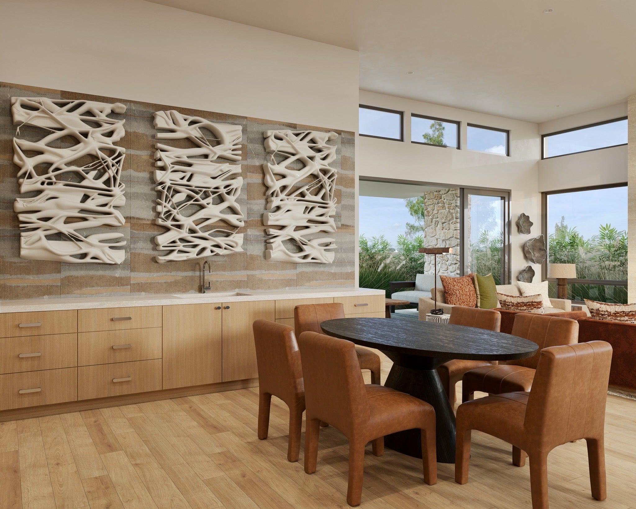 Modern kitchen with wooden cabinets, a black dining table, and brown chairs.
