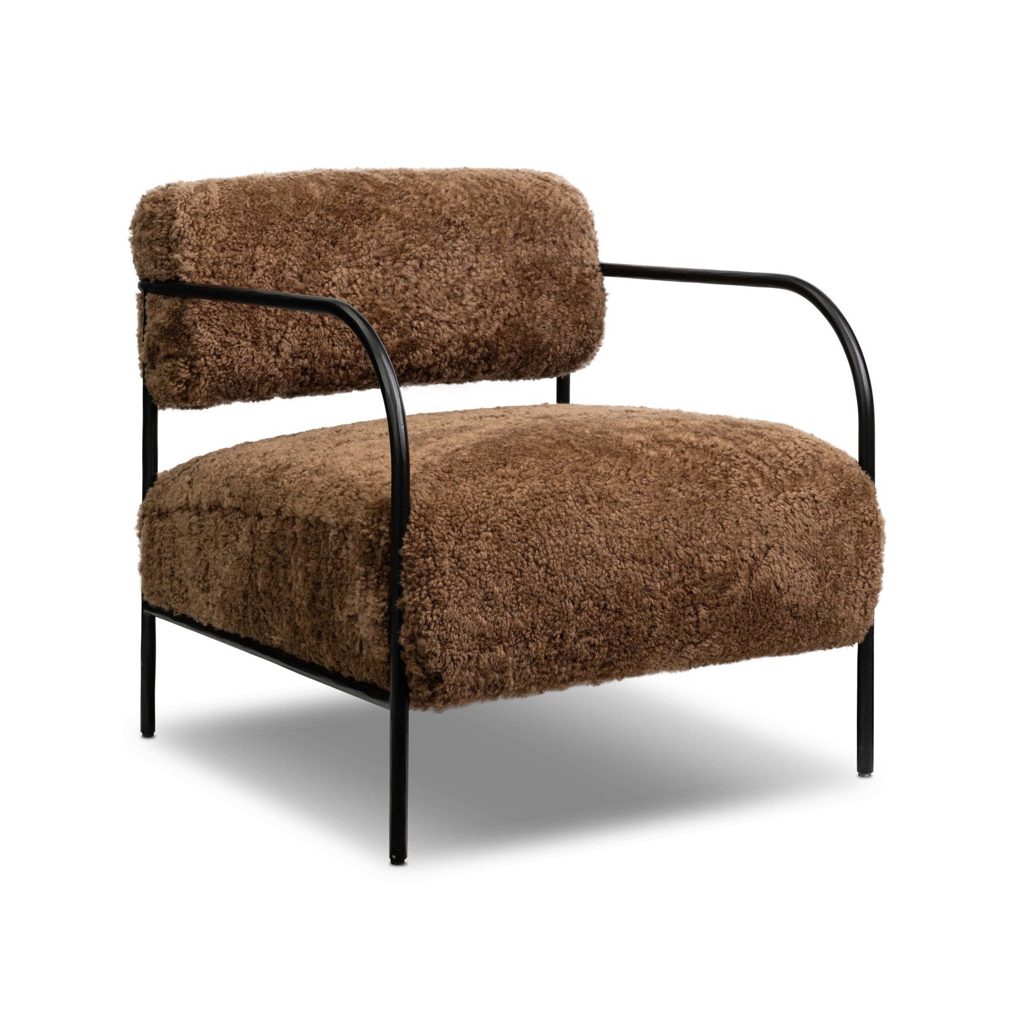 Brown sherling armchair with black metal frame